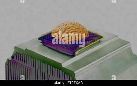 Human brain anatomical model on CPU processor microchip. Stock Photo