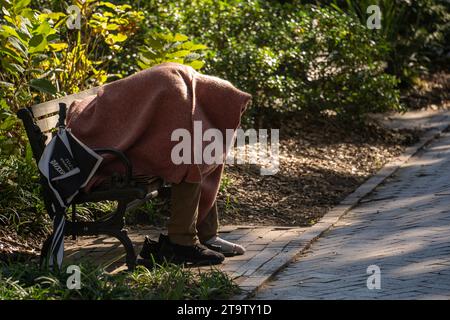 homeless man sleeping on a bench in the early morning in a square in Savannah Georgia Stock Photo