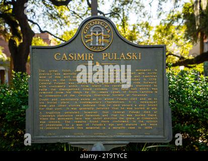 Sign at Pulaski Monument in Monterey Square, Savannah, Georgia; in ...