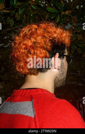 Young man with red dyed hair and red sweater. Stock Photo