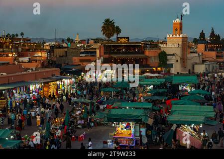 North Africa. Morocco. Marrakesh. Night activity on Jemaa el Fna Square at sunset Stock Photo