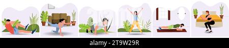 Collection of Men and Women exercising at home Stock Vector