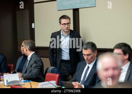 Paris, France. 27th Nov, 2023. Antoine Leaument at the French National Assembly's 'law commission' during a general discussion of the immigration law in Paris, on November 27, 2023. Photo by Eliot Blondet/ABACAPRESS.COM Credit: Abaca Press/Alamy Live News Stock Photo