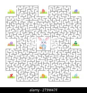 Vector illustration. Easter maze game. The bunny collects Easter eggs and looks for a way out of the maze. Game for children. Stock Vector