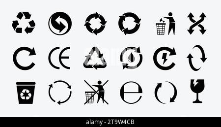 Recycle icons vector set. Triangle and round emblems for conservation and saving illustration Stock Vector