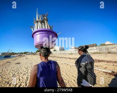 Madagascar, woman carries fish on her head Stock Photo