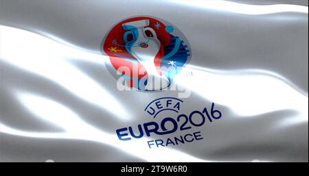 Official logo of the euro 2016 UEFA European Championship in France, flag waving in the wind Stock Photo