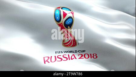 Moscow, Russia, June 14 2018, FIFA - waving fabric texture of the flag of official logo of the football world championship cup in Russia 2018, only editorial use Stock Photo