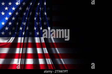 closeup of fabric texture American USA flag, on black background, united states of america, with black space for text Stock Photo