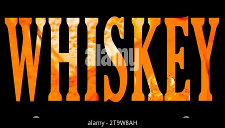 high resolution text with word whiskey shape filled with whisky on black background, time of relax with whisky Stock Photo