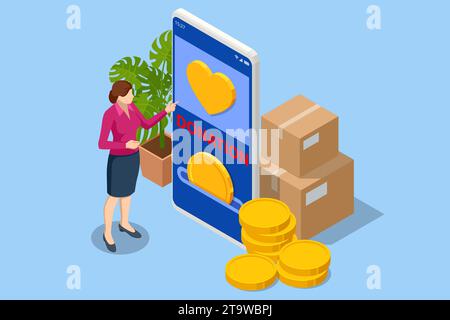 Isometric people characters donate money for charity online. Supporting charity through banking channels aids people in need. A donation box is a Stock Vector