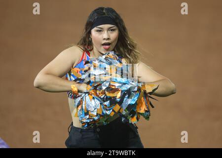 HERMOSILLO, MEXICO - NOVEMBER 24: Cheerleader Hit girls during a match between Naranjeros de Hermosillo and Águilas de Mexicali as part of the Mexican Pacific League at Fernando Valenzuela Stadium on November 24, 2023 in Hermosillo, Mexico. (Photo by Luis Gutiérrez/Norte Photo/)  HERMOSILLO, MÉXICO - 24 DE NOVIEMBRE: Porrista Hit girls durante un partido entre Naranjeros de Hermosillo y Águilas de Mexicali como parte de la Liga Mexicana del Pacífico en el Estadio Fernando Valenzuela el 24 de noviembre de 2023 en Hermosillo, México. (Foto de Luis Gutiérrez/Norte Foto/) Stock Photo