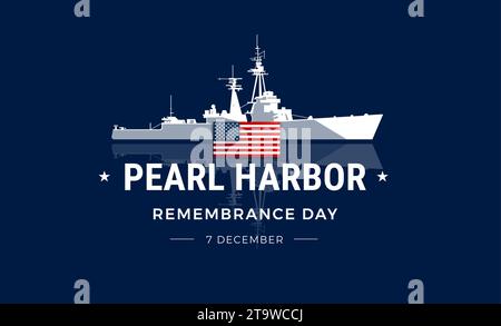 Pearl Harbor remembrance day background with the US flag and Pearl Harbor lettering and the battleship on dark blue background - vector illustration Stock Vector