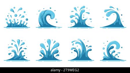 Splashes and sprinkles of water set isolated on white background. Blue water motion effects, flows, streams, spills. Falling aqua drops. Sea or ocean Stock Vector