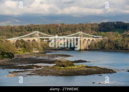 Menai Suspension Bridge and Menai Strait, Anglesey, North Wales. Stock Photo