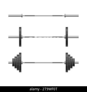 Barbell with different weights set isolated on white background. Weightlifting equipment, Bodybuilding, gym, crossfit, workout, fitness club symbol. Stock Vector