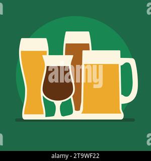 Dark and light beer glasses in flat style. Different group of beer mugs. Alcohol drink Stock Vector