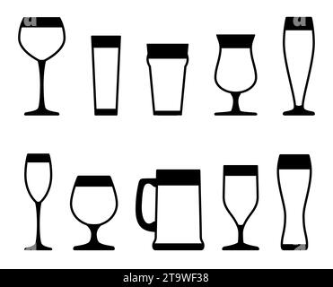 Beer glasses and mugs icons set. Alcoholic beverage menu collection set. Labeled visualization with various glasses styles for lager, pilsner. Stock Vector