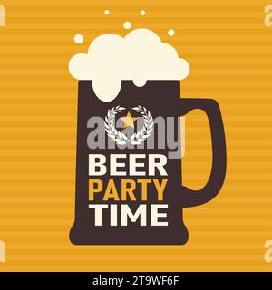 Mug with beer and english text. Beer party time, poster design. Colorful backdrop. Background with beverage. Beer glass flyer Stock Vector