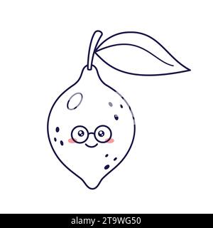 Cute Kawaii Lemon character with glasses. Vector hand drawn line art kids icon illustration. Lemon character in doodle style. Isolated on white backgr Stock Vector
