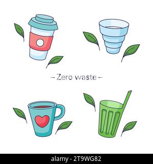 Set of eco friendly tableware items - reusable juice mug, reusable coffee cup, folding cup, ceramic mug. Zero waste concept. Vector illustration in ca Stock Vector