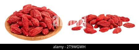 Dried goji berries in wooden bowl isolated on white background with full depth of field Stock Photo