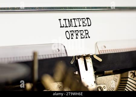 Limited offer symbol. Concept words Limited offer typed on beautiful old retro typewriter. Beautiful white paper background. Business marketing, motiv Stock Photo