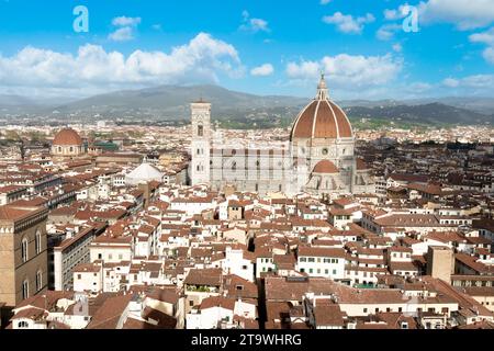 Aerial shot of Florence Cathedral and Duomo dome designed by Filippo ...