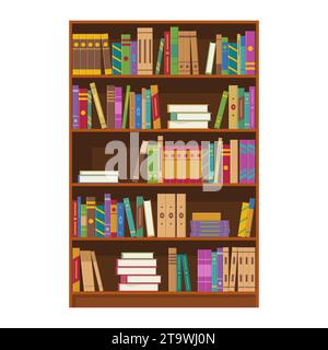 Brown wooden bookcase with books of library or bookstore isolated on white background. Book shelves with multicolored book spines. Education Stock Vector