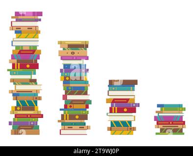 Pile of books isolated on white background. 3 stacks of books different by height in library or bookstore.. Education and knowledge, studying Stock Vector