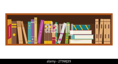 Wooden bookcase with books of library or bookstore isolated on white background. Book shelf with multicolored books spines. Education and knowledge, s Stock Vector