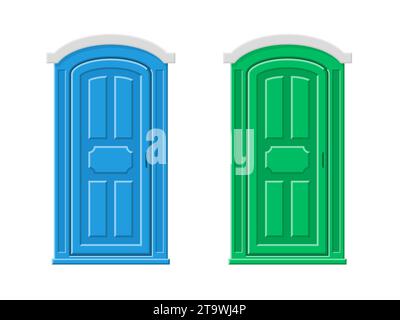 Mobile portable plastic toilet used in public places isolated on white background. Chemical bio toilet cabin. Restroom WC lavatory stall. Stock Vector
