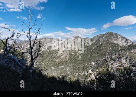 View of San Gabriel Peak and Mt Disappointment from Mt Lowe trail in the Angeles National Forest near Mt Wilson in Southern California. Stock Photo