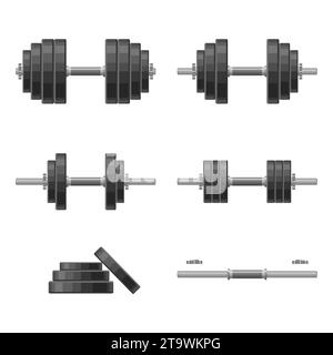 Dumbbell with removable disks different weights set isolated on white background. Weightlifting equipment, Bodybuilding, gym, crossfit, workout Stock Vector
