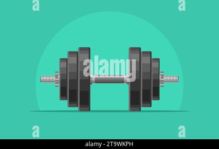 Dumbbell with removable disks isolated on green background. Weightlifting equipment, Bodybuilding, gym, crossfit, workout, fitness club symbol. Sport Stock Vector