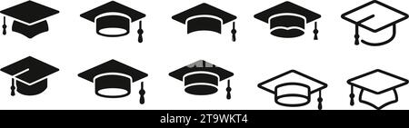 Graduation hat cap icons set. Academic cap. Graduation student black cap and diploma - stock vector. university or college black cap Stock Vector