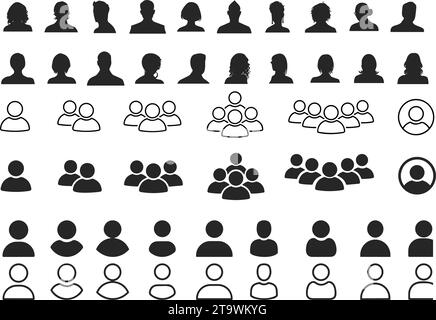 People line and flat icons set. Team of workers. User profile symbol. Group of people. Group of users collection. Persons symbol. Men women. Crowd of Stock Vector