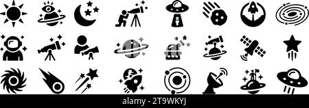 Astronomy Icons. Space Icons set. Telescope, astronaut, observatory, cosmonaut, station, satellite, planets, sun, stars, rocket, spaceship. Flat vecto Stock Vector