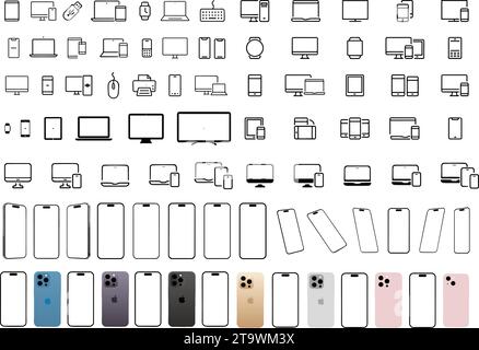 Set of latest iPhone 15, 14 pro max, smartphone, tablet, laptop, LCD, monitor. Computer, Mobile, Tab, cellphone and desktop collection. Gadget and Dev Stock Vector