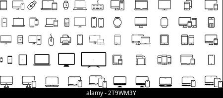 smartphone, tablet, laptop, LCD, monitor set. Computer, Mobile, Tab, cellphone and desktop collection. Gadget and Devices empty screen mockup on trans Stock Vector