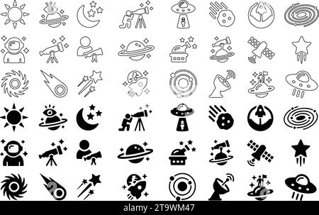 Astronomy Icons. Space Icons set. Telescope, astronaut, observatory, cosmonaut, station, satellite, planets, sun, stars, rocket, spaceship. Line and f Stock Vector