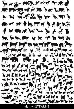 animals silhouette set. Big mammals collection. Livestock and poultry icons. Rural landscape. Group of animal of forest or wild. Sea animal and birds Stock Vector