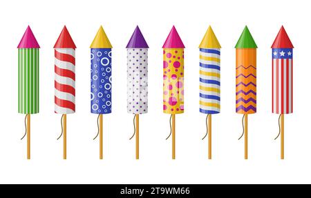 Set of firework rockets isolated on white background. Collection of firecracker for party. Pyrotechnic colorful icon set. Vector illustration. Stock Vector