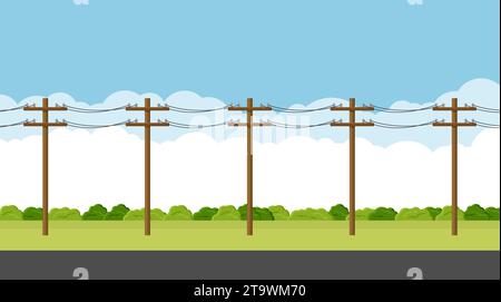 Overhead electric power lines with cables suspended on utility poles. Empty countryside road. Utility pole Electricity concept. High voltage wires. La Stock Vector