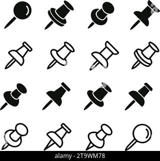 Push pin icons set. Thumbtack for note attach collection. Paperclip symbol. Pushpin flat and line style collection. A needle for fixing on a board or Stock Vector