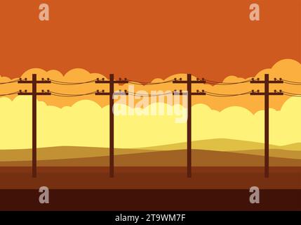 Power pole in front of hills with landscape mode and beautiful sunset. electricity pole along the way. Utility pole Electricity concept. High voltage Stock Vector