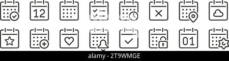 Calendar icon set. Containing date, schedule, month, week, appointment, agenda, organization and event icons. Solid icon collection. Vector illustrati Stock Vector