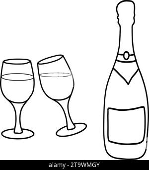 Champagne bottle and glasses in doodle style. Vector illustration isolated on white background. Line art. Stock Vector