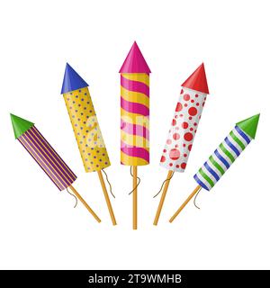 Set of firework rockets isolated on white background. Collection of firecracker for party. Pyrotechnic colorful icon set. Vector illustration. Stock Vector