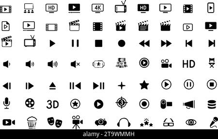 Multimedia movie cinema icons set. Video, audio, film, tv, Clapper board sign collection. LCD, media player buttons, speakers, video camera, Popcorn b Stock Vector